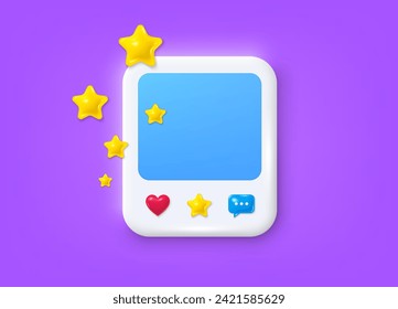 Foto de medios sociales en 3d enmarcada con el corazón, como, mensaje. Limpiar la plantilla de publicación de fotos vacía. Cartel fotográfico con burbuja de discurso de chat. Margen 3d en medios sociales con estrellas. Ilustración del vector