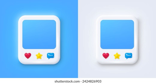 Social media photo 3d frame with heart, like, message. Clean empty photo post template. Frame photo banner with chat speech bubble. Social media post 3d frame. Vector illustration