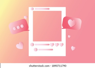 Social Media Photo Frame, With 3d Heart Love Button And Sending Messages For Couple, Concept Chat For Valentines Day, Vector Illustration