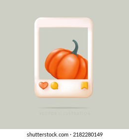 Social media photo frame with 3D pumpkin. Vector illustration in minimal 3D style