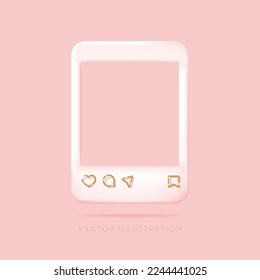 Social media photo frame with golden outline icons. Vector illustration in minimal 3D style