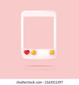 Social media photo frame with heart love button, sending messages, save icons.  Vector illustration in minimal 3D style