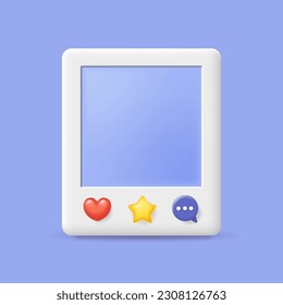 Social media photo frame with heart, like, message. Clean empty photo post template. Photography instagram content 3d icon