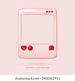 Social media photo frame with heart love button, sending messages, save icons. Vector illustration in 3D style in pink colors