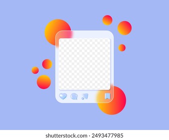 Social media photo frame with heart, like and comment buttons. 3D image of a phone application with an interface and empty space on the screen for photography. Vector illustration on the theme of soci