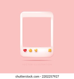 Social media photo frame with love, comment, share and save icon, sending messages, save icons. Vector illustration in minimal 3D style