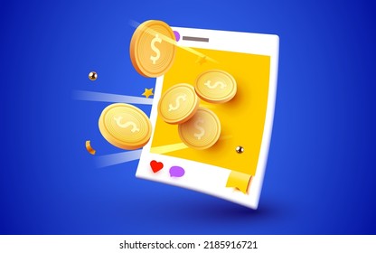 Social media photo frame with money explosion. Monetization concept. Vector illustration