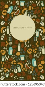 Social media photo frame. Template for stories mobile interface, ui, app, web. Vector illustration made in doodle style. Nuts and seeds collection of handpainted objects.