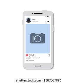 Social media photo frame template. Mobile phone isolated on white. Application interface mockup. Sharing post on social network framework. Easy to edit vector illustration.