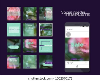 Social media photo frames templates. Puzzle design for business account. Vector on transparent background. Insert your photo and text, create your content. Mint theme with violet accents.