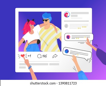 Social media photo rating and commenting. Gradient vector illustration of human hands pushing a heart symbol under photo of two young teenegers in social media page. People writing comments on bubbles