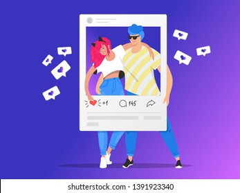 Social media photo rating and sharing. Gradient vector illustration of two young teenegers posing together for likes in social media networks. People standing into photo card with bubbles around them