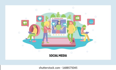 Social media and photo sharing technologies. People follow blogs, share, likes, post comments using mobile phone. Vector web site design template. Landing page website illustration.