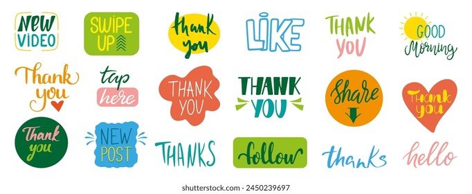 Social media phrases. Handwritten posts, stickers with gratitude for subscribers and followers. Modern communicative elements neoteric vector set