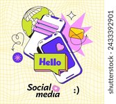 Social media platform in a flat style. Cartoon online social communication applications concept, hearts, chat, speech bubble on light yellow background. Vector illustration in retro style