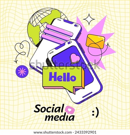 Social media platform in a flat style. Cartoon online social communication applications concept, hearts, chat, speech bubble on light yellow background. Vector illustration in retro style