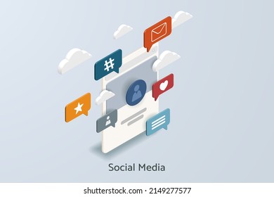 Social media platform with social media icons online social communication on white gray background. 3d isometric vector illustration