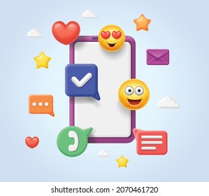 Social Media Platform. Online Social Communication Concept, Smartphone, Emoji, Hearts, Chat. Mobile Template Social Network. Smile Icon. 3d Vector Illustration.