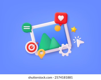 Social media platform, online social communication concept. Social network post surrounded with floating elements on blue background. 3d web Vector illustration.