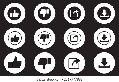 Social media platform reaction icons set. Like, chat, dislike, share, and download.