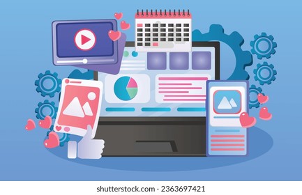 Social media platforms, social media usage concept, emoji, web page, search icons, chat and chart with smartphone.on blue background.Vector Design Illustration.