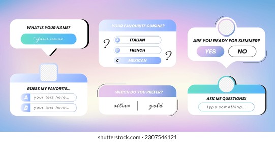 Social media polls. Flat interface design elements on gradient background. Ask me question and choice stickers, web button yes or no and frame story quiz template. Blogging and communication concept.