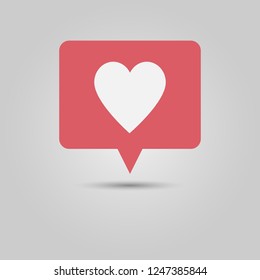 Social media popup notification message window icon with heart for love or like action