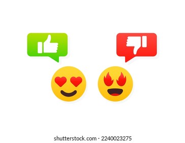 Social media with positive emoticon, great, thumbs up and thumbs down. The hand symbol is good. Signs for notification, message, voting, social applications. Vector illustration