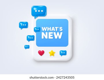 Social media post 3d frame. Whats new tag. Special offer sign. New arrivals symbol. Whats new message frame. Photo banner with speech bubbles. Like, star and chat icons. Vector