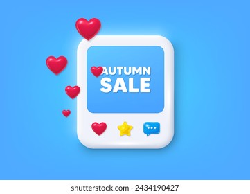 Social media post 3d frame. Autumn Sale tag. Special offer price sign. Advertising Discounts symbol. Autumn sale message frame. Photo banner with hearts. Like, star and chat icons. Vector