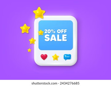 Redes sociales postean marco 3d. Descuento del 20 por ciento. Signo de oferta de precio de promoción. Símbolo de la insignia comercial. Marco de mensaje de venta. Banner fotográfico con estrellas. Como, estrellas e iconos de chat. Vector