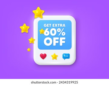 Redes sociales postean marco 3d. Consiga un 60% de descuento adicional en ventas. Precio de oferta de descuento. Símbolo de oferta especial. Ahorre 60 porcentajes. Marco de mensaje de descuento adicional. Banner fotográfico con estrellas. Vector