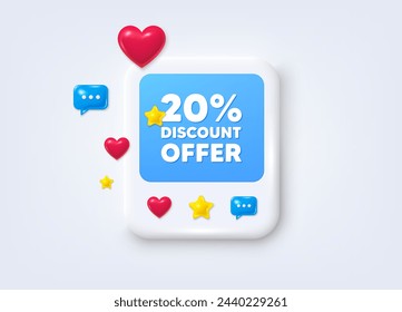 Social media post 3d frame. 20 percent discount tag. Sale offer price sign. Special offer symbol. Discount message frame. Social media photo banner. Like, star and chat icons. Vector