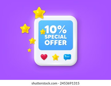 Redes sociales postean marco 3d. 10 por ciento de descuento etiqueta de oferta. Signo de promoción de Precio de venta. Símbolo de oferta especial. Marco de mensaje de descuento. Anuncio fotográfico con estrellas. Como, estrellas e iconos de chat. Vector