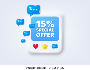 Social media post 3d frame. 15 percent discount offer tag. Sale price promo sign. Special offer symbol. Discount message frame. Photo banner with speech bubbles. Like, star and chat icons. Vector