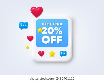 Social media post 3d frame. Get Extra 20 percent off Sale. Discount offer price sign. Special offer symbol. Save 20 percentages. Extra discount message frame. Social media photo banner. Vector