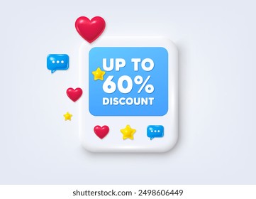 Publicación en redes sociales con marco en 3D. Hasta un 60 por ciento de descuento. Venta oferta signo de Precio. Símbolo de oferta especial. Guardar 60 porcentajes. Marco de mensaje de etiqueta de descuento. Anuncio fotográfico en redes sociales. Vector
