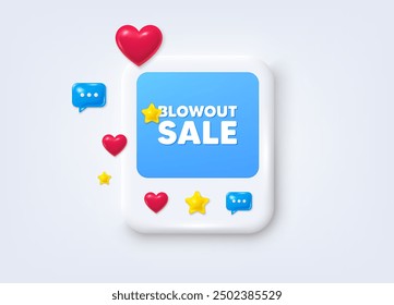 Social media post 3d frame. Blowout sale tag. Special offer price sign. Advertising discounts symbol. Blowout sale message frame. Social media photo banner. Like, star and chat icons. Vector