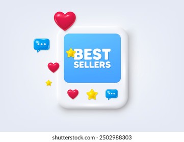 Publicación en redes sociales con marco en 3D. Etiqueta de best sellers. Muestra de Precio de oferta especial. Símbolo de descuentos publicitarios. Marco de mensaje de los más vendidos. Anuncio fotográfico en redes sociales. Iconos de estrella y chat. Vector