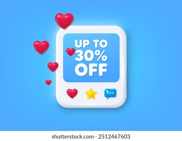 Redes sociais pós-3d quadro. Até 30% de desconto. Sinal de preço de oferta de desconto. Símbolo de oferta especial. Economize 30 porcentagens. Quadro de mensagem de marca de desconto. Banner de foto com corações. Vetor