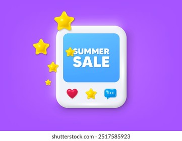 Publicación en redes sociales con marco en 3D. Etiqueta de rebajas de verano. Muestra de Precio de oferta especial. Símbolo de Descuentos publicitarios. Marco de mensaje de venta de verano. Foto Anuncio con estrellas. Iconos de estrella y chat. Vector