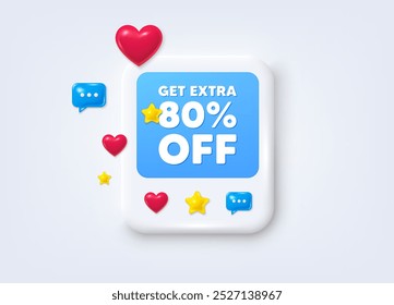 Redes sociais pós-3d quadro. Ganhe 80% extra de desconto. Sinal de preço de oferta de desconto. Símbolo de oferta especial. Economize 80%. Quadro de mensagem de desconto adicional. Banner de foto de mídia social. Vetor