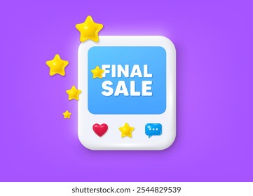 Redes sociais pós-3d quadro. Etiqueta de venda final. Sinal de preço de oferta especial. Símbolo de Descontos publicitários. Quadro de mensagem de venda final. Banner da foto com estrelas. Como ícones de estrela e bate-papo. Vetor