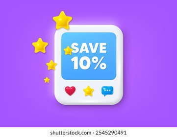 Social media post 3d frame. Save 10 percent off tag. Sale Discount offer price sign. Special offer symbol. Discount message frame. Photo banner with stars. Like, star and chat icons. Vector