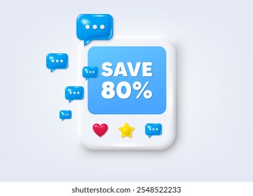 Publicación en redes sociales con marco en 3D. Guardar 80 por ciento de descuento. Venta Descuento oferta signo de Precio. Símbolo de oferta especial. Marco de mensaje de descuento. Anuncio fotográfico con burbujas de discurso. Iconos de estrella y chat. Vector