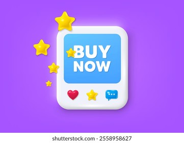 Social media post 3d frame. Buy Now tag. Special offer price sign. Advertising Discounts symbol. Buy now message frame. Photo banner with stars. Like, star and chat icons. Vector