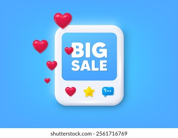 Social media post 3d frame. Big Sale tag. Special offer price sign. Advertising Discounts symbol. Big sale message frame. Photo banner with hearts. Like, star and chat icons. Vector