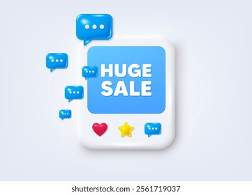 Social media post 3d frame. Huge Sale tag. Special offer price sign. Advertising Discounts symbol. Huge sale message frame. Photo banner with speech bubbles. Like, star and chat icons. Vector