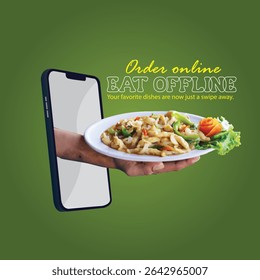 A social media post or advertisement for a food delivery service. Features a hand serving a meal from a smartphone with the marketing text "Order online, Eat offline".          