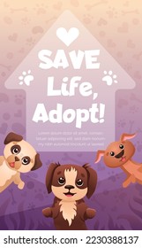 Social media post with animal adoption promotion. Adopt Flyer with text Save Life and funny dogs.  Vector cartoon template with cute abandoned puppies in doghouse